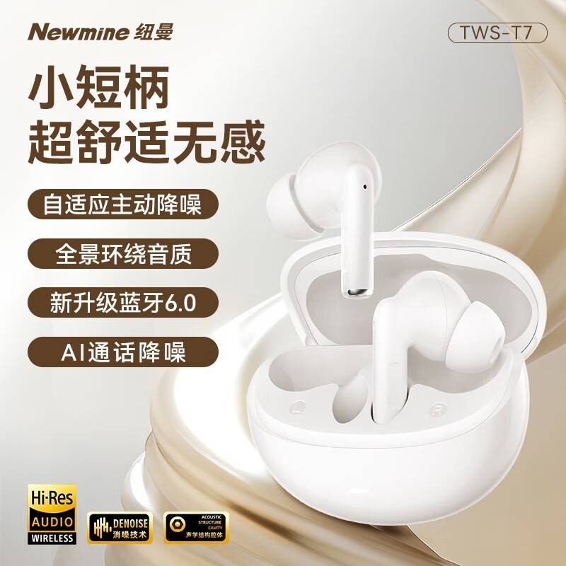 纽曼无线蓝牙耳机13mm宽音域单元全域震撼声场强磁单元澎湃听感蓝牙6.0速连听歌追剧沉浸拉满T7
