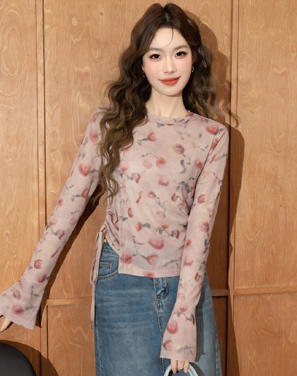 长袖t恤女装春秋季不规则抽褶下摆扎染印花小个子显瘦设计感上衣