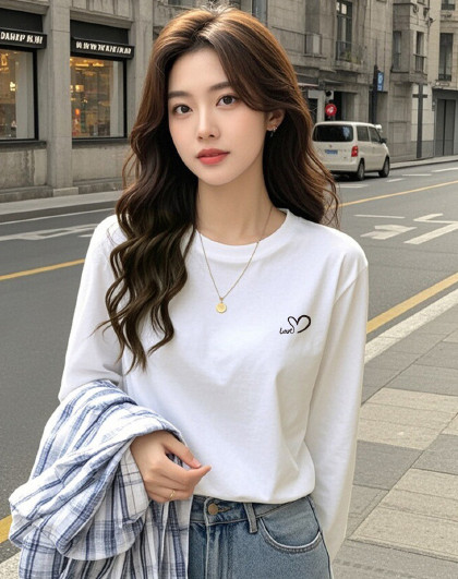 春季女款100%棉简约圆领打底衫合身长袖t恤小个子内搭上衣