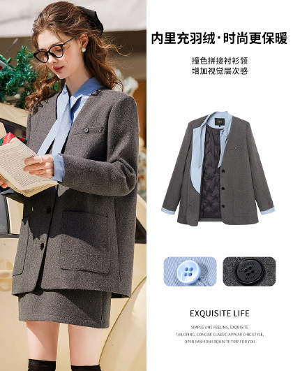 【充鸭绒加厚】冬款时尚优雅撞料拼接V领系带单排扣羽绒服女