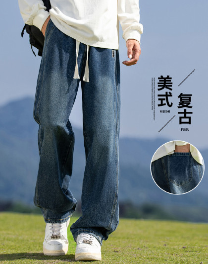 【爆款推荐】夏季款美式牛仔裤男款侧边拼接设计宽松男式休闲裤