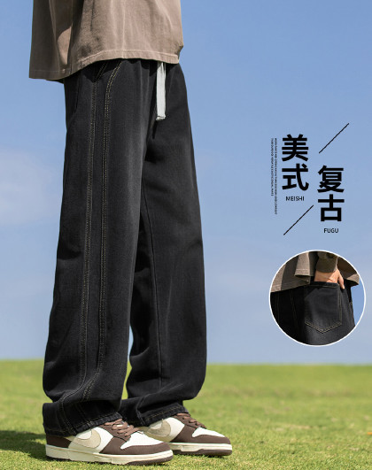 【爆款推荐】夏季款美式牛仔裤男款侧边拼接设计宽松男式休闲裤