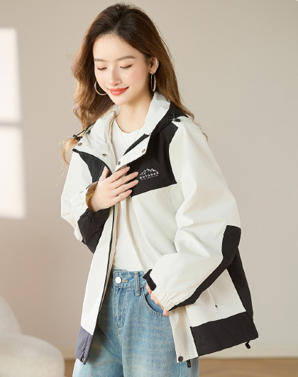 春季户外山系登山服长袖连帽休闲撞色印花女式外套