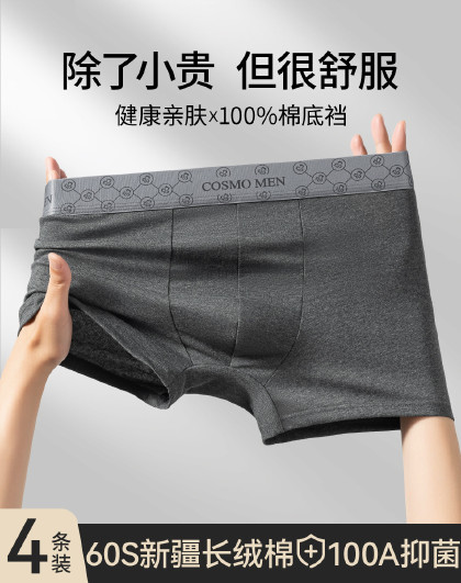 4条【100%纯棉100A抑菌裆】薄款亲肤透气中腰男平角四角