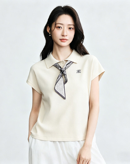 配丝巾Polo领薄款针织衫女2026夏季百搭显瘦小飞袖上衣