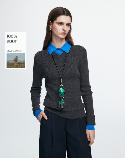 撞色polo领假两件针织衫女26新品100%羊毛上衣修身显瘦