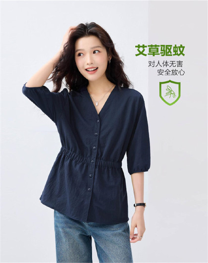 夏季女式衬衫黑科技防蚊V领收腰中袖针织休闲衬衫女款