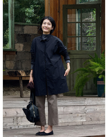 黑色宽松中长款风衣外套女2026新款春装小个子休闲翻领上衣