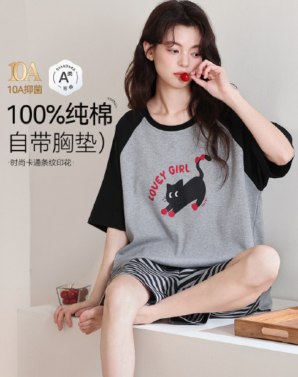 【A类100%棉 免穿文胸】睡衣女士家居服套装短袖短裤可外穿