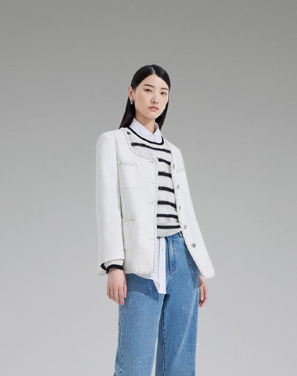 黑标系列春装 方领法式珠片花式纱小香风外套女