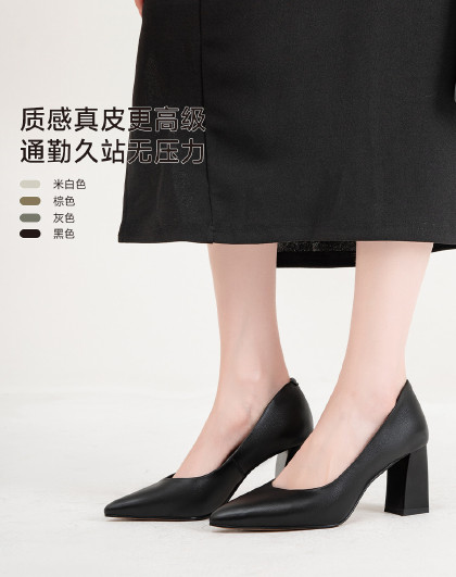 吴大叔时尚粗跟单鞋气质真皮高跟鞋舒适不累脚高级感通勤尖头单鞋