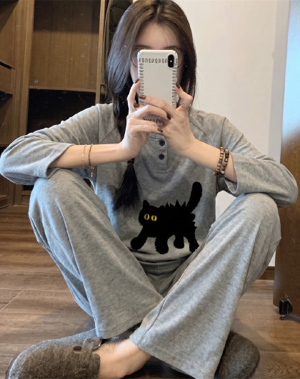 【95%棉】睡衣女春夏高级感卡通黑猫可爱学生家居服套装外穿