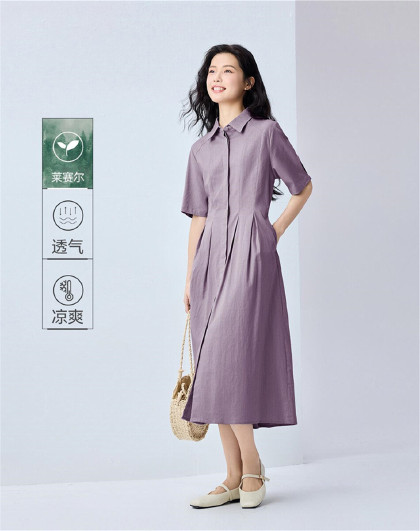 连衣裙夏季莱赛尔压褶中袖梭织简约日常通勤衬衫连衣裙女款