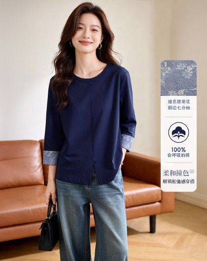 【柔和撞色】腰果花撞色翻边袖纯棉T恤女2026夏季七分袖T恤