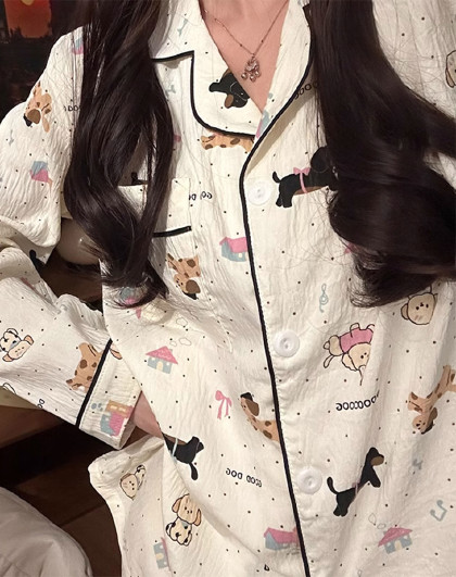 睡衣女春秋简约可爱狗狗学生翻领柔软开衫舒适家居服套装可外穿