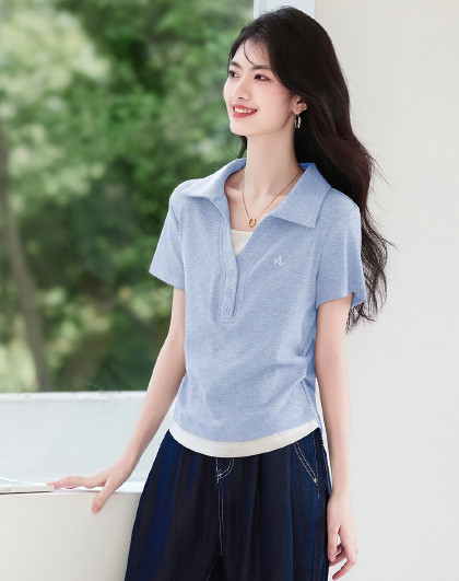 叠穿假两件POLO领短袖T恤女26夏季新款减龄抽褶显瘦上衣女