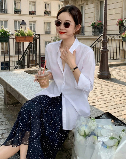 【法式半裙套装】夏季南法假日女纯棉薄衬衫A字高腰显瘦波点半裙