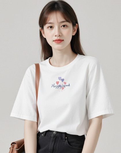 【100%纯棉】女式t恤短袖女上衣半袖印花打底T恤内搭可外穿