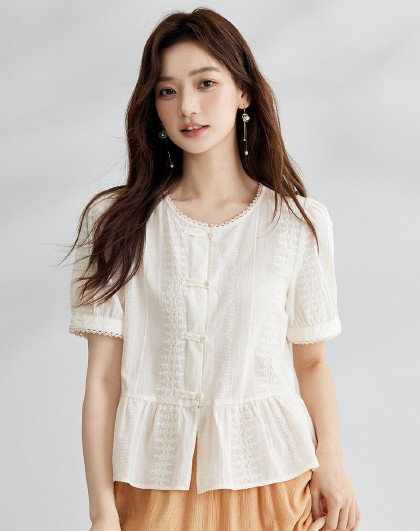 国风新中式绣花薄款衬衫女夏季时尚设计感拼接气质文艺短袖衬衣