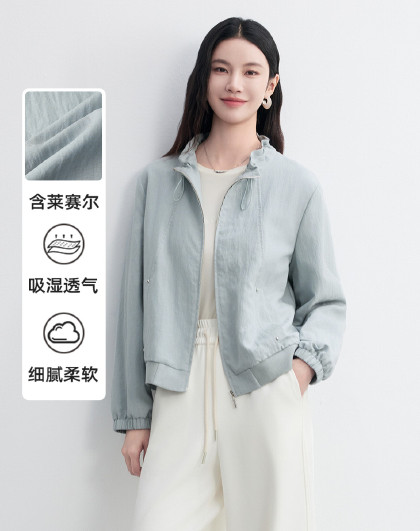 【含亚麻】2026春夏休闲立领长袖纯色亲肤轻薄款女式风衣外套