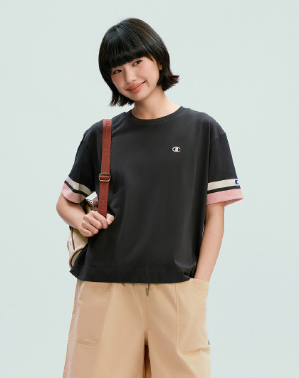 【冠军品牌】T恤女26夏新款拼接撞色纯棉宽松圆领运动短袖上衣