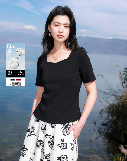 【微胖系列】春夏款方领棉T恤短袖上衣女舒弹大码打底衫高级感
