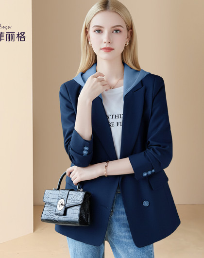 迪菲丽格设计感小众拼接连帽西装外套女春秋款休闲百搭西服