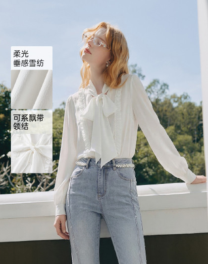 【轻盈松弛感】精致木耳边雪纺上衣2026新女式衬衫质感衬衫女