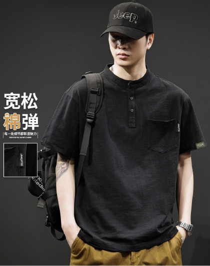 【100%纯棉】短袖t恤男士夏季清爽新款亨利领体恤男装上衣