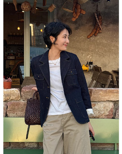重工气质时尚设计感纯棉正肩牛仔外套女新春季高级感休闲西装外套
