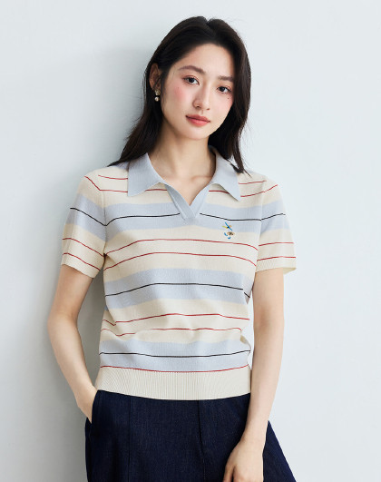 冰丝学院风POLO领条纹针织衫2026夏季减龄刺绣薄款上衣女