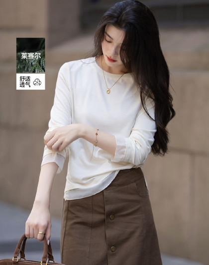 【含清爽莱赛尔】秋季自然优雅风圆领拼接长袖微弹舒适女式t恤