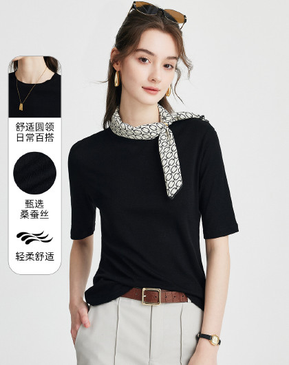 经典简约】夏季圆领日常百搭舒适五分袖含桑蚕丝T恤女气质红