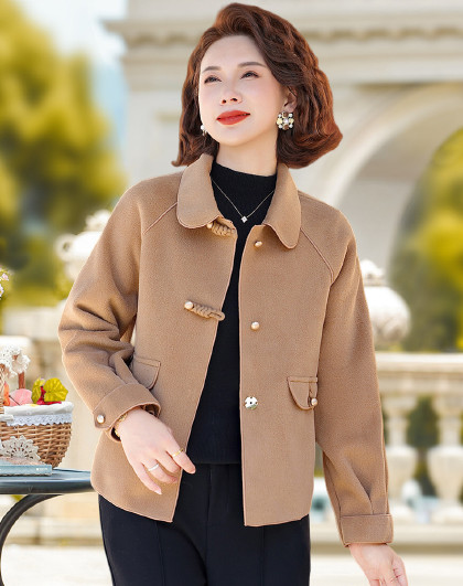 妈妈装春秋季翻领长袖百搭短款纯色中老年女装时尚气质婆婆外套女