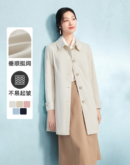 春夏休闲翻领长袖纯色显瘦女式高级感中长款风衣外套