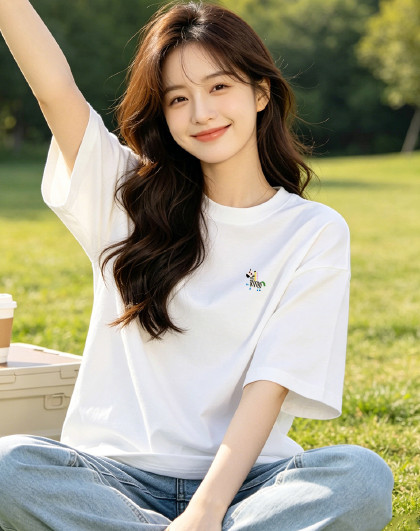 100%棉宽松短袖t恤夏季女款圆领透气减龄印花纯棉内搭T恤衫
