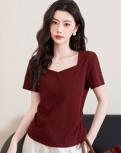 法式锁骨收腰显瘦短袖T恤女纯色百搭正肩设计感短袖女上衣