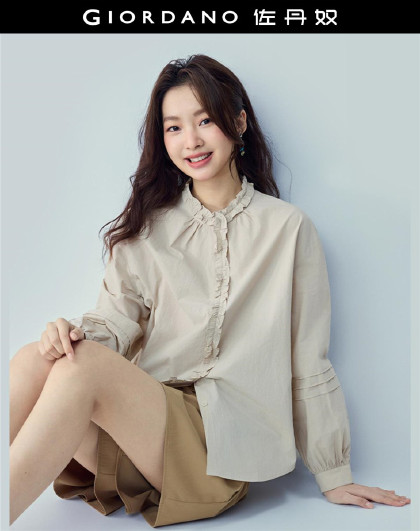 设计系列春季纯棉文艺甜美花边小立领梭织宽松休闲长袖衬衫女士