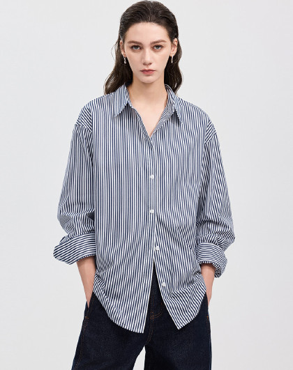 色织蓝白坚条纹长袖衬衫女26新品微磨毛全棉叠穿衬衣宽松显瘦