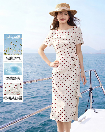 【波尔卡圆点裙】2026夏含亚麻优雅复古短袖中长裙高级感气质