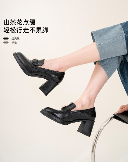 吴大叔春季粗跟乐福鞋日常休闲百搭真皮单鞋女经典时尚圆头小皮鞋