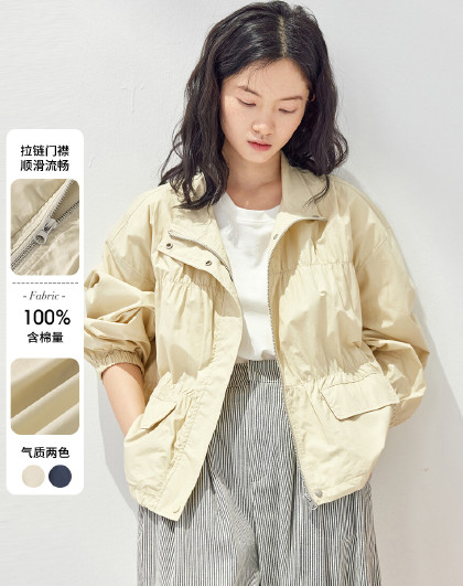 高级感轻奢洋气设计款抽皱百搭短款长袖立领外套女早秋