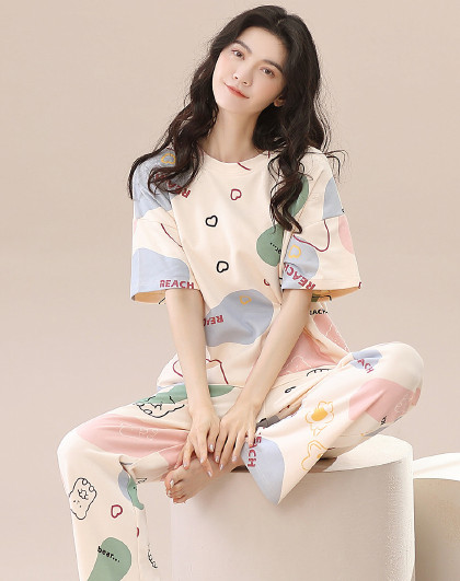 【自带胸垫】趣味可爱纯棉睡衣女夏季可外穿女士家居服圆领短袖