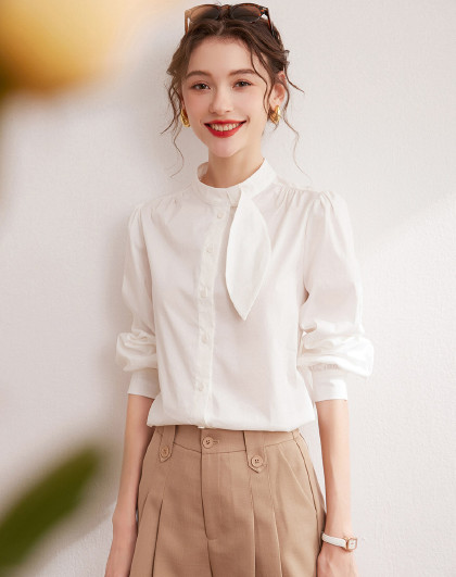 【小立领个性造型衬衣】春秋款时尚气质纯色长袖无弹女式衬衫