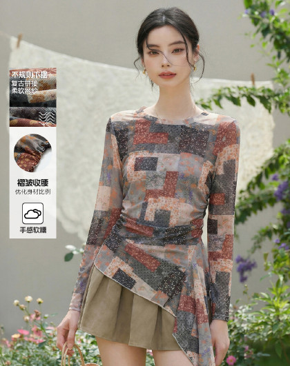 夏季美式复古晕染长袖T恤上衣收腰不规则下摆外穿圆领T恤显瘦