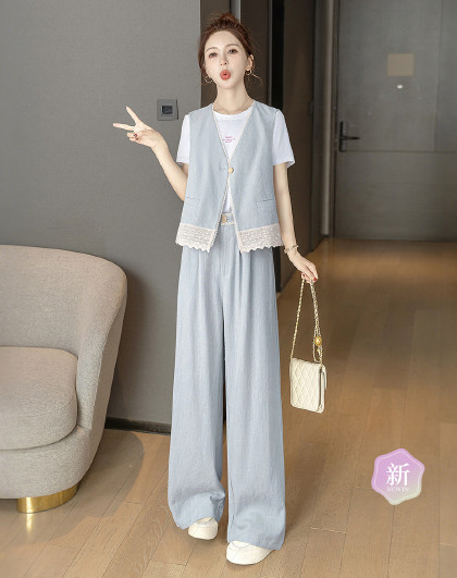 【天丝苎麻休闲套装】2026春夏新女蕾丝拼接马夹搭裤子两件套