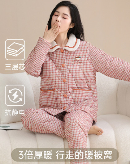 抗静电三层夹棉睡衣女秋冬长袖套装空气棉开衫加厚家居服女可外穿
