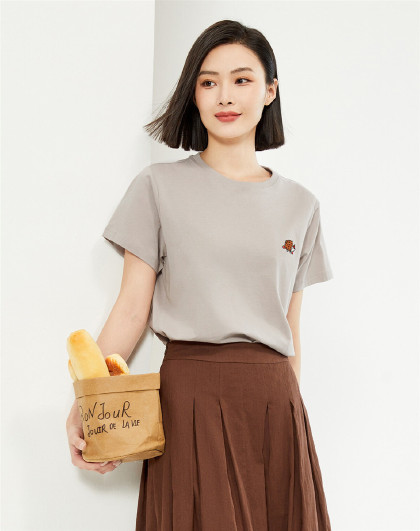女装小刺绣女式T恤纯棉女上衣针织圆领休闲通勤短袖T恤女士
