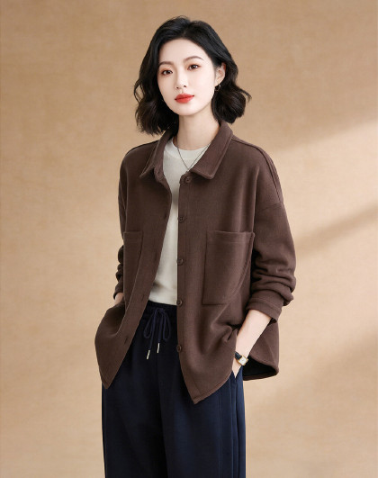 休闲衬衫女春季纯色翻领2026时尚小个子宽松洋气长袖衬衣