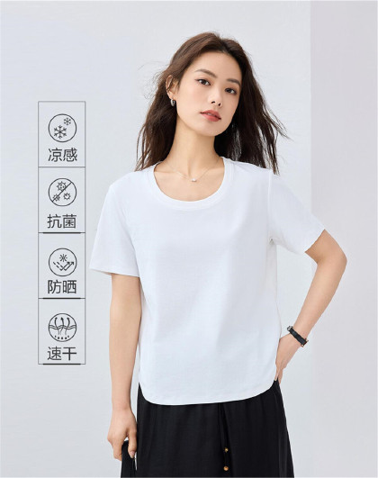 夏季凉感防晒女式T恤U型领弧形下摆纯色百搭休闲短袖T恤女款